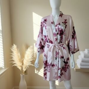 Floral Satin Kimono Robe — NWOT Blush Pink Romantic Bloom Print One Size